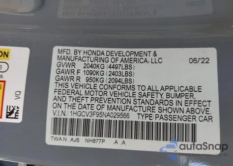 2022 Honda Accord Hybrid Touring из США, поврежденный, VIN 1HGCV3F95NA029566